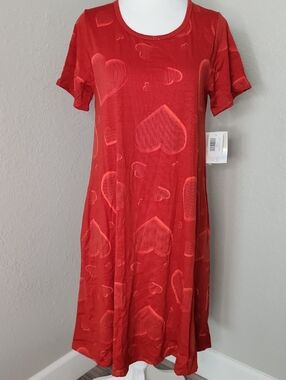 NWT LuLaRoe Jessie Red Heart-Print Midi Dress w/ Pockets